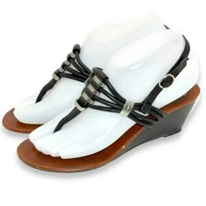 Jeffrey Campbell Black Leather & Silver Strap Caged Thong Slingback Sandals 6.5